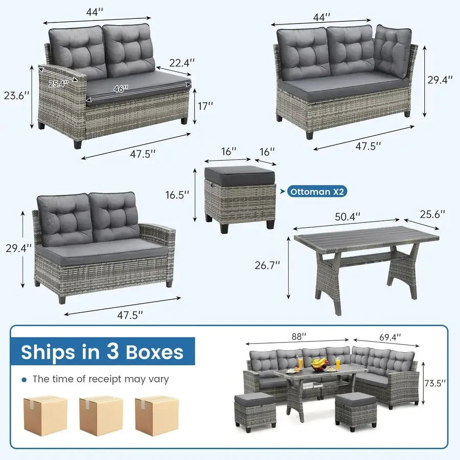 Patio Furniture Set, Outdoor Sectional Sofa with Dining Table amp Chairs, AllWeather Dining Set with Removable Cushion Covers,