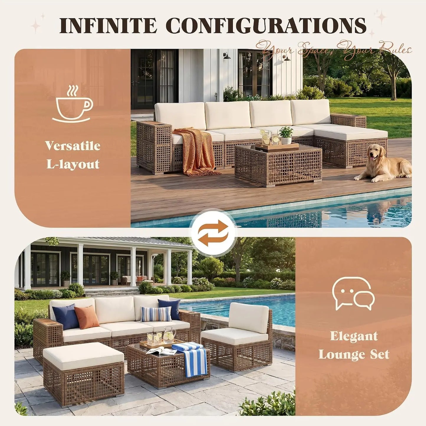 Outdoor Rattan Patio Sectional Sofa With Glass Coffee Table