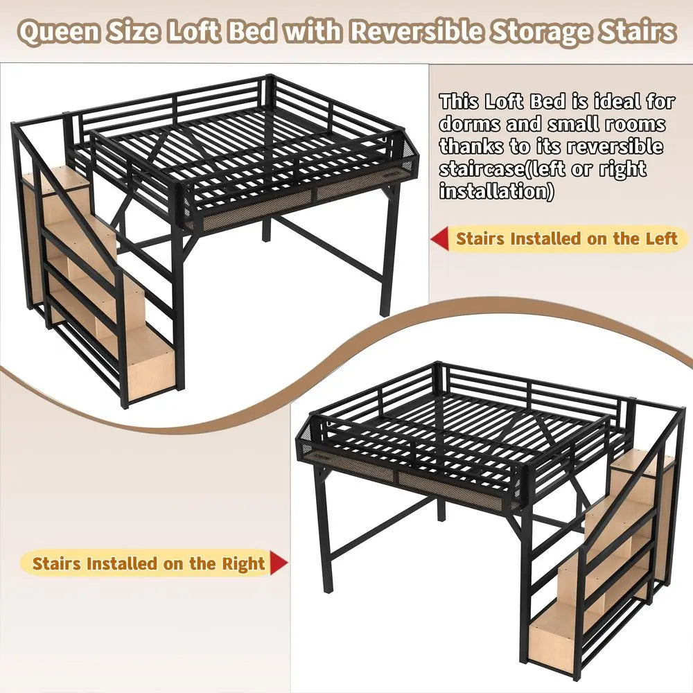 Queen Loft Bed with Storage Stairs, Shelves and Builtin Wardrobe, Metal Loft Bed Frame with USB Ports and LED Lights, NoiseRedu