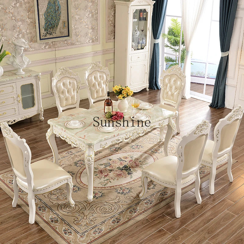European Marble Dining Table And Carved Solid Wood Chair Set