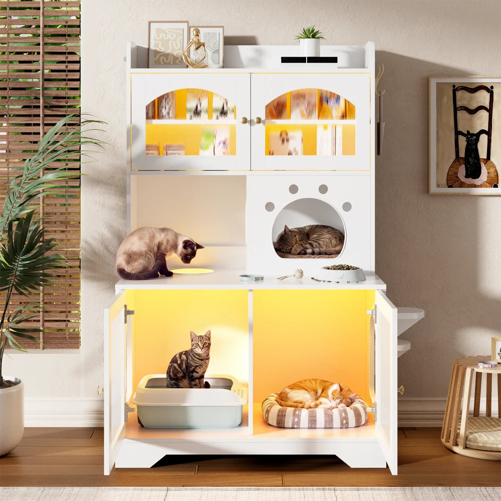 3-Tier Cat Litter Box Enclosure with Storage Cabinet, Hidden Cat Washroom Furniture with Fluted Glass Doors & Climbing Platforms