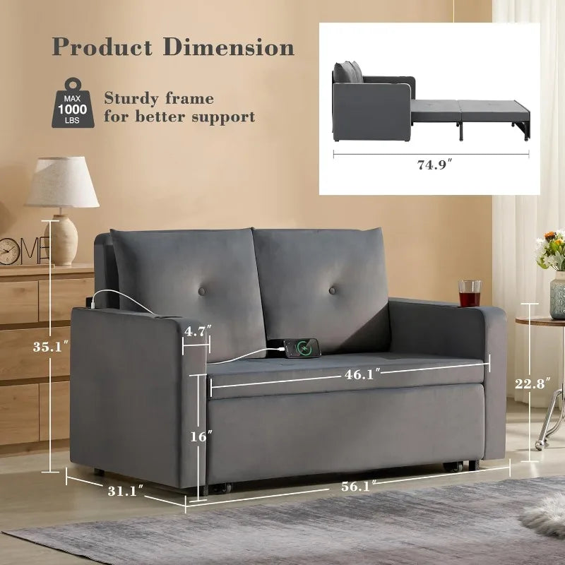 Krcix 3 In 1 Pull Out Sofa Velvet Convertible Loveseat