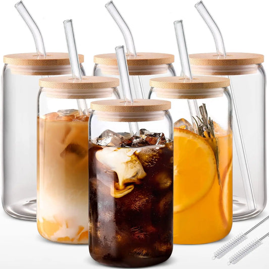 Six Piece Glass Drinking Set With Bamboo Lids And Straws