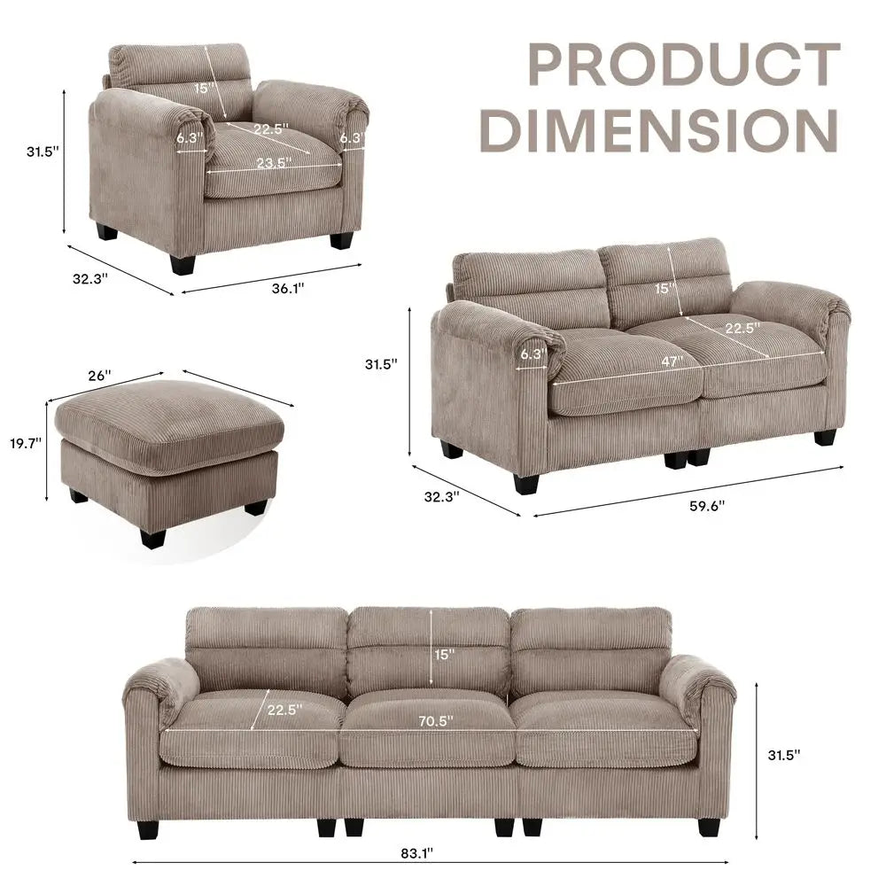 Modern Corduroy Sofa Set with Plush Cushions and Rolled Arms