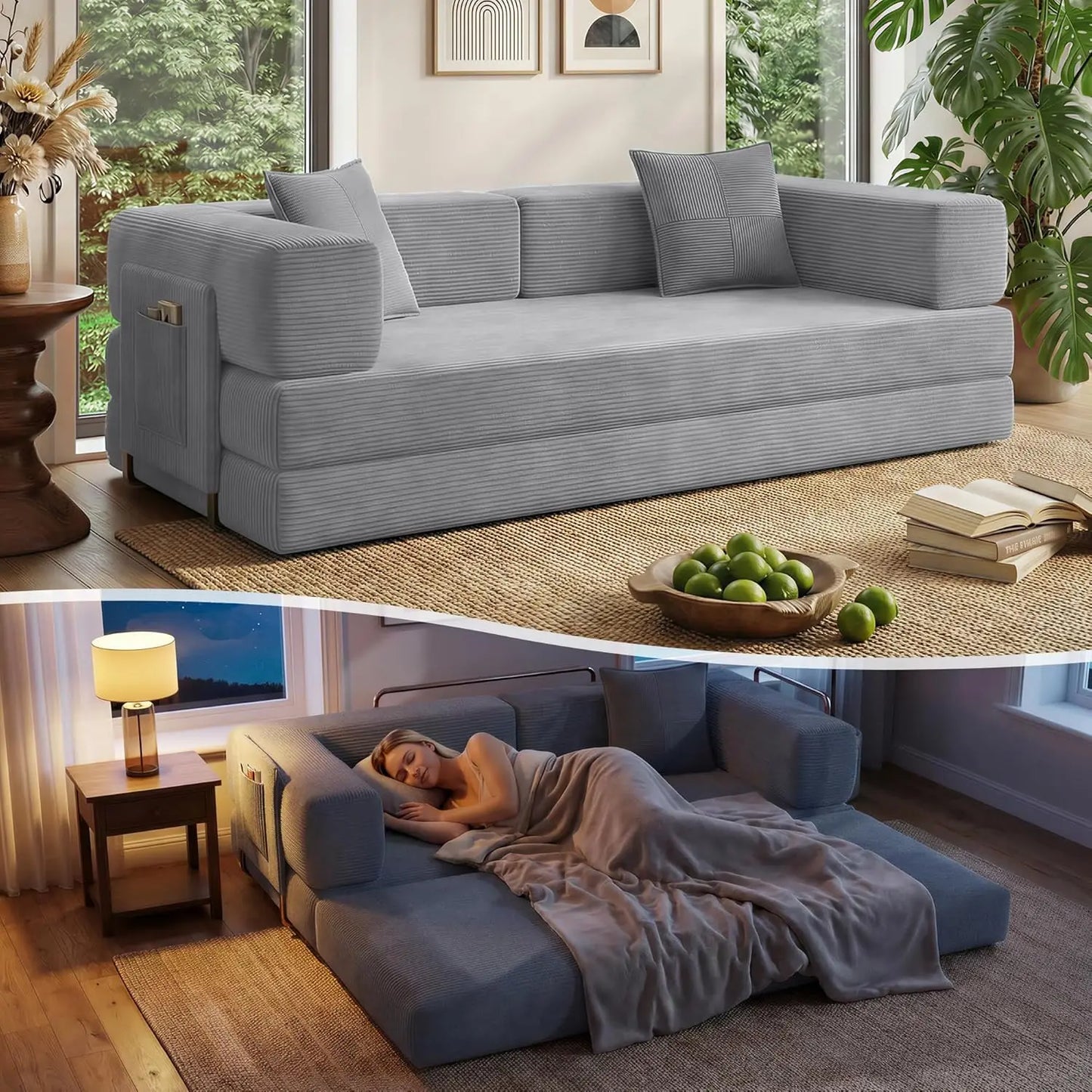 78.8" Convertible Sofa Bed with Armrest Pillow, 4-in-1 Sleeper Couch Bed for Livingroom, Modular Corduroy Boneless, Customized