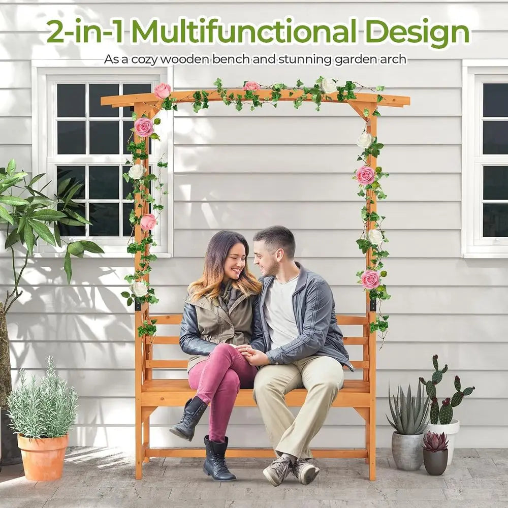 63W x 79H Wooden Garden Arch Trellis with Bench, Outdoor 2-Person Arbor, Perfect for Rose Climbing Plants, Weddings, and Backyar