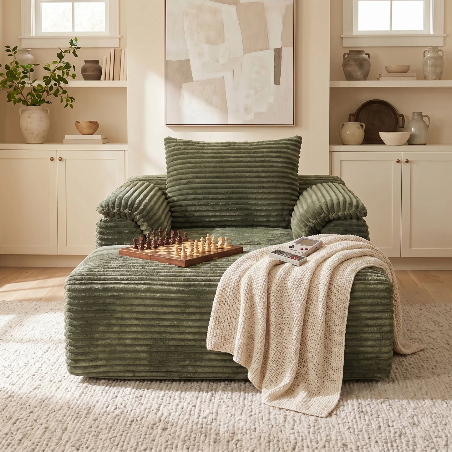 Corduroy Fabric Sofa Bed Lounge Chair With Plush Pillows