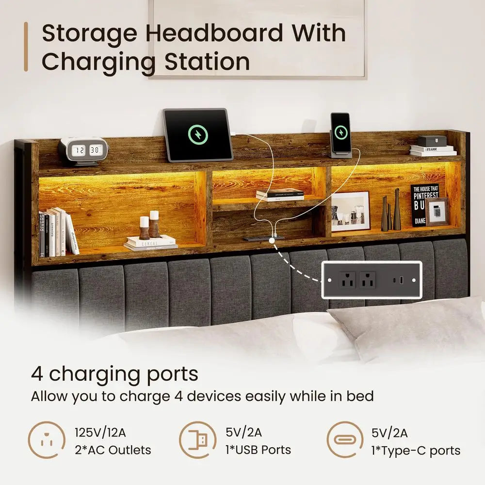 King Bed Frame with 6 Storage Drawers, Linen Upholstered Headboard, Builtin USB Charging Station amp LED Lighting, Silent Metal