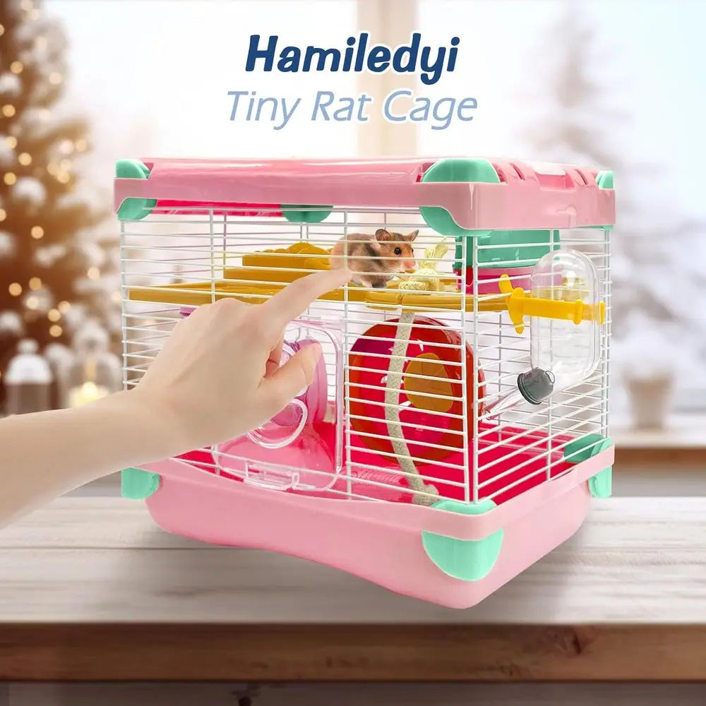 Portable 2 Layers Dwarf Hamster Habitat Small Animal Travel Cage with Exercise Wheel Enclosure for Hamsters, Mice, Gerbils, or O