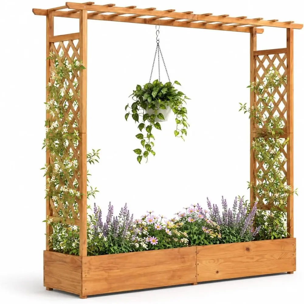 77 Tall Wooden Elevated Planter with Trellis, Hanging Baskets, and Drainage for Patio Gardening