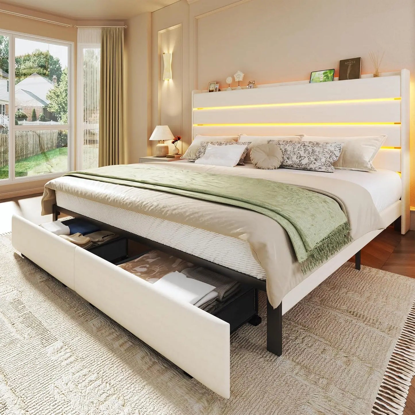 Queen Velvet Upholstered Storage Bed Frame with LED Light, USB Charging Station, Metal Slats Platform, White, Customized