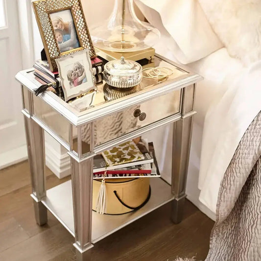 Modern Silver Mirrored Wood And Glass End Table With Drawer