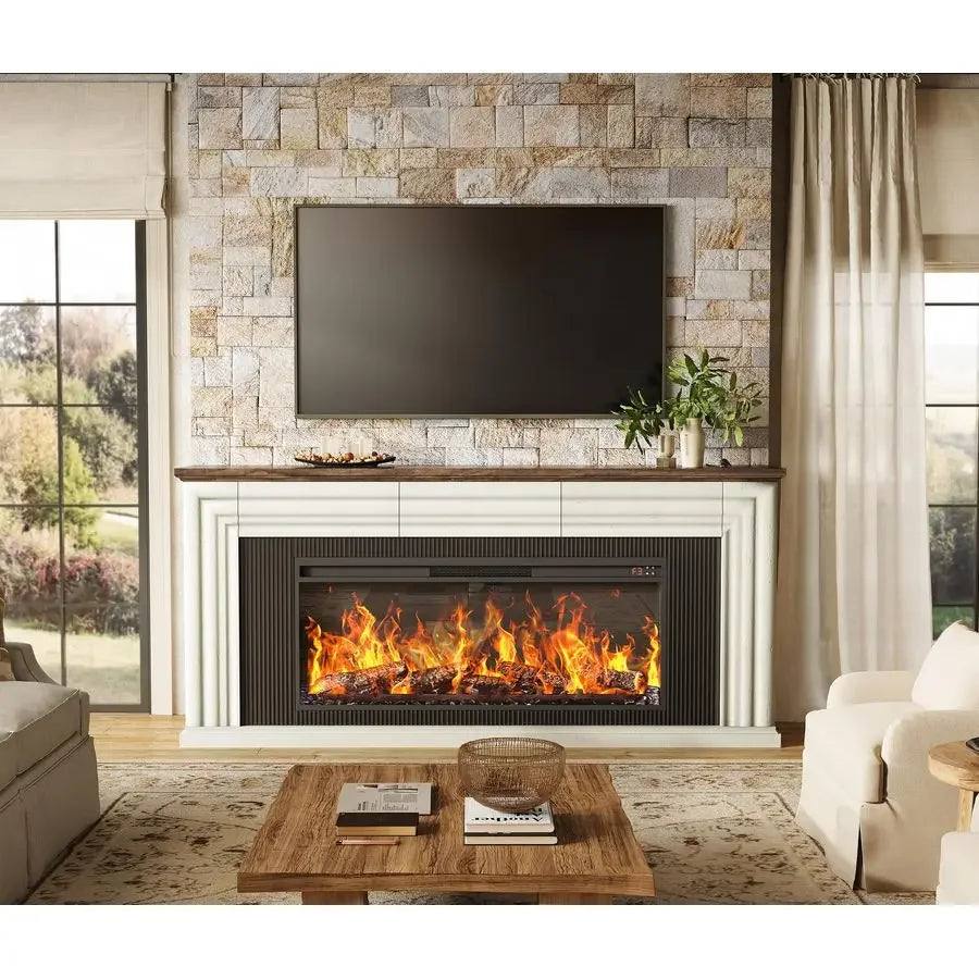 70 Fireplace TV Stand with 42 Electric Fireplace, Farmhouse TV Stand for 65 75 Inch TV, Entertainment Center TV Console with 3