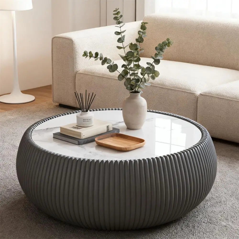 Modern Drum Coffee Table for Living Room Office, White Faux Marble Tabletop, Unique Fluted PU Leather Covered, Round Cocktail C