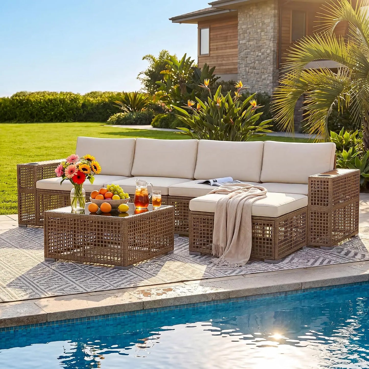 Outdoor Rattan Patio Sectional Sofa With Glass Coffee Table