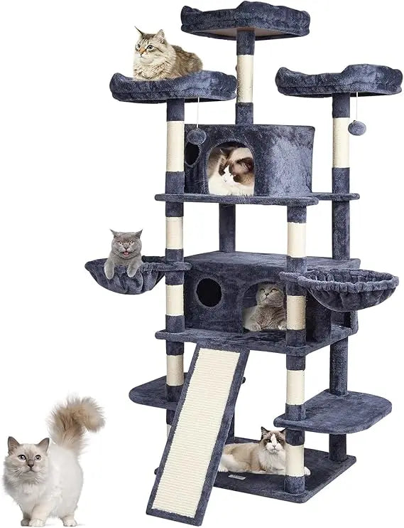 Indoor Cat Tree With Double Condos, Hammocks, And Scratching Posts