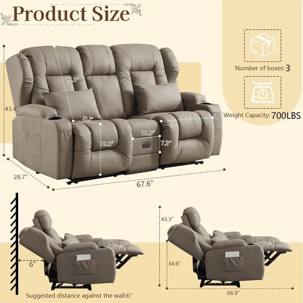 68 RV Loveseat Recliner Sofa, Manual Reclining Loveseat 6 Wall Hugger Recliners with FlipDown Console, USB, Outlet, Cup Holders