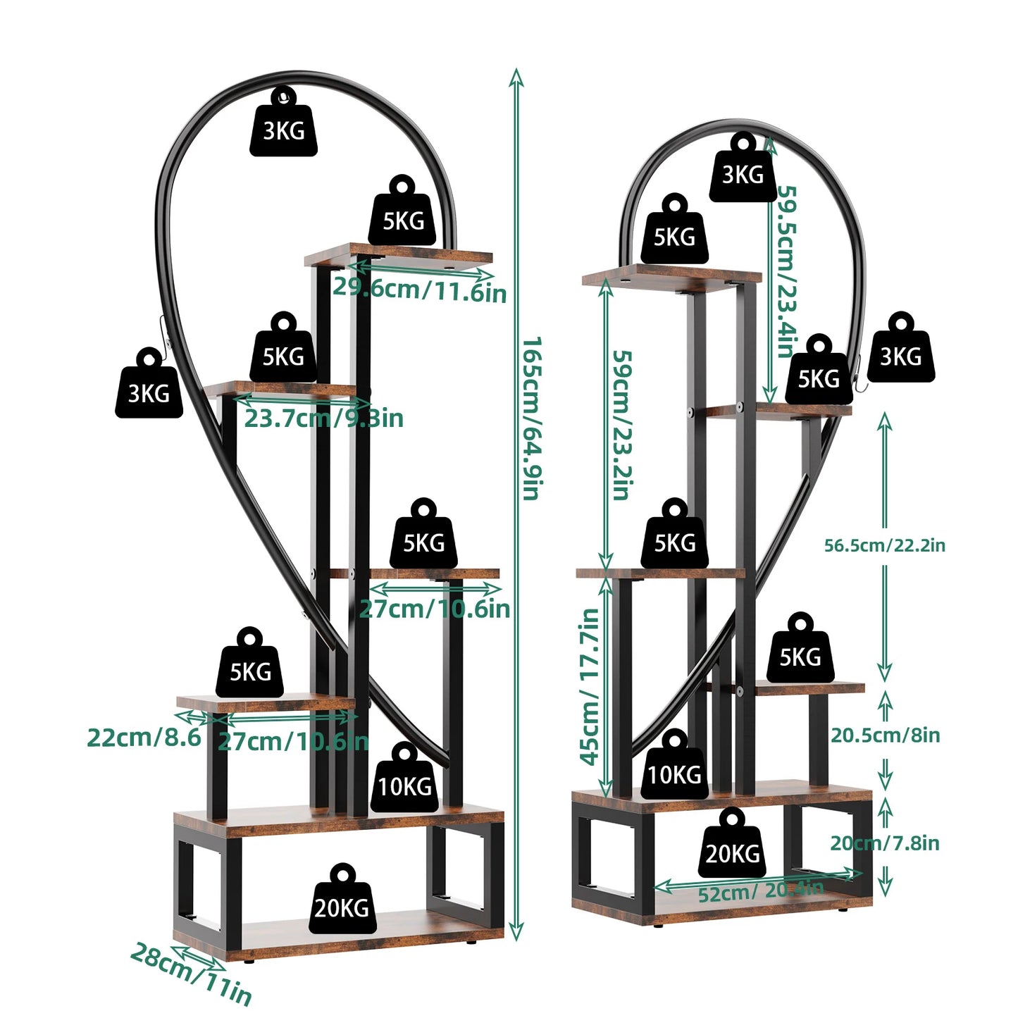 6 Tier Wood and Metal Plant Display Rack Stand Heart Shaped Storage Shelf with Grow Lights