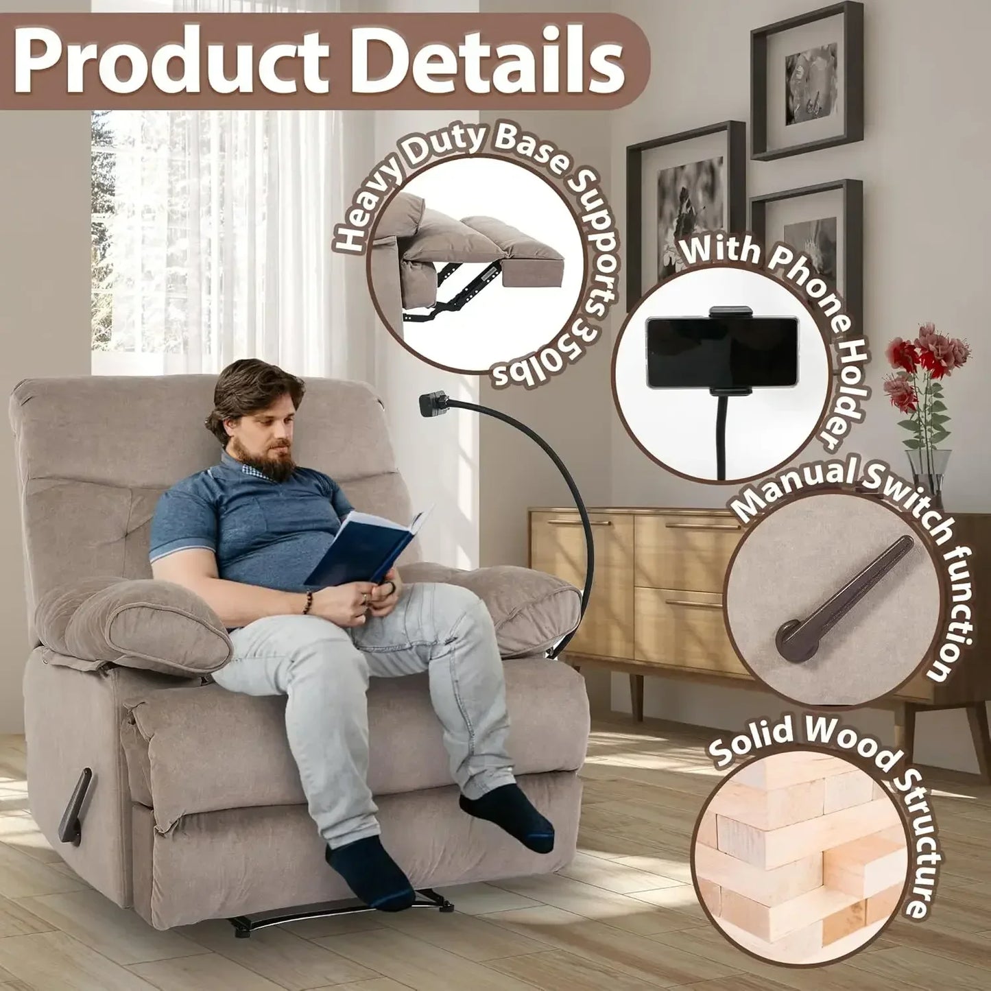 400lbs Heavy Duty Manual Oversized Recliner Chair, Extra Wide Big Man Recliner with Phone Holder for Adults, Customized