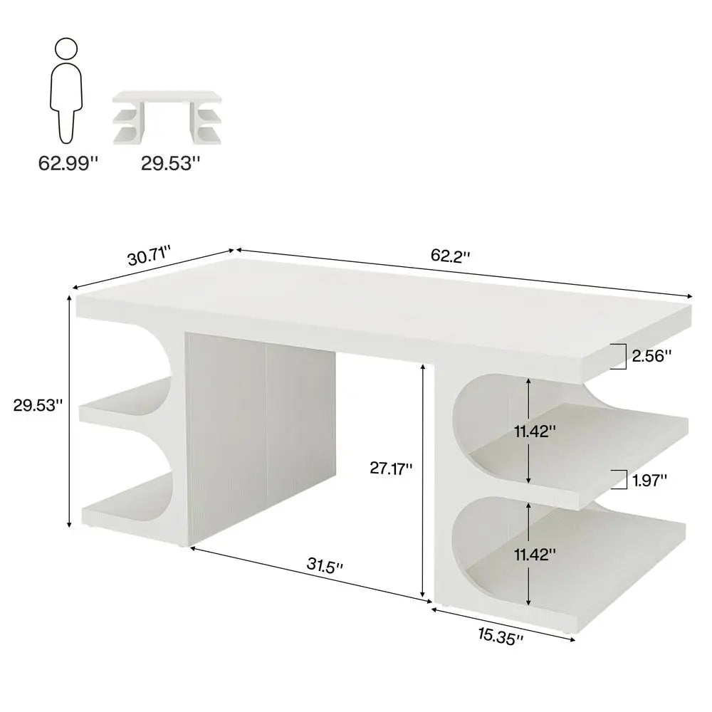 White Executive Office Desk, 63 Computer Desk with Storage Shelves, Modern Wood Study Writing Table, Large Workstation Business