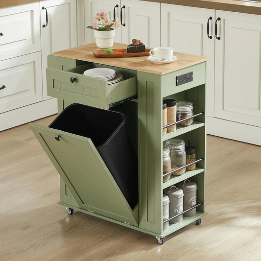 35" Kitchen Island with Trash Cabinet & Power Outlet, Rolling Cart with Drawer, 6-Tier Spice Rack, Portable Sideboard for Dining