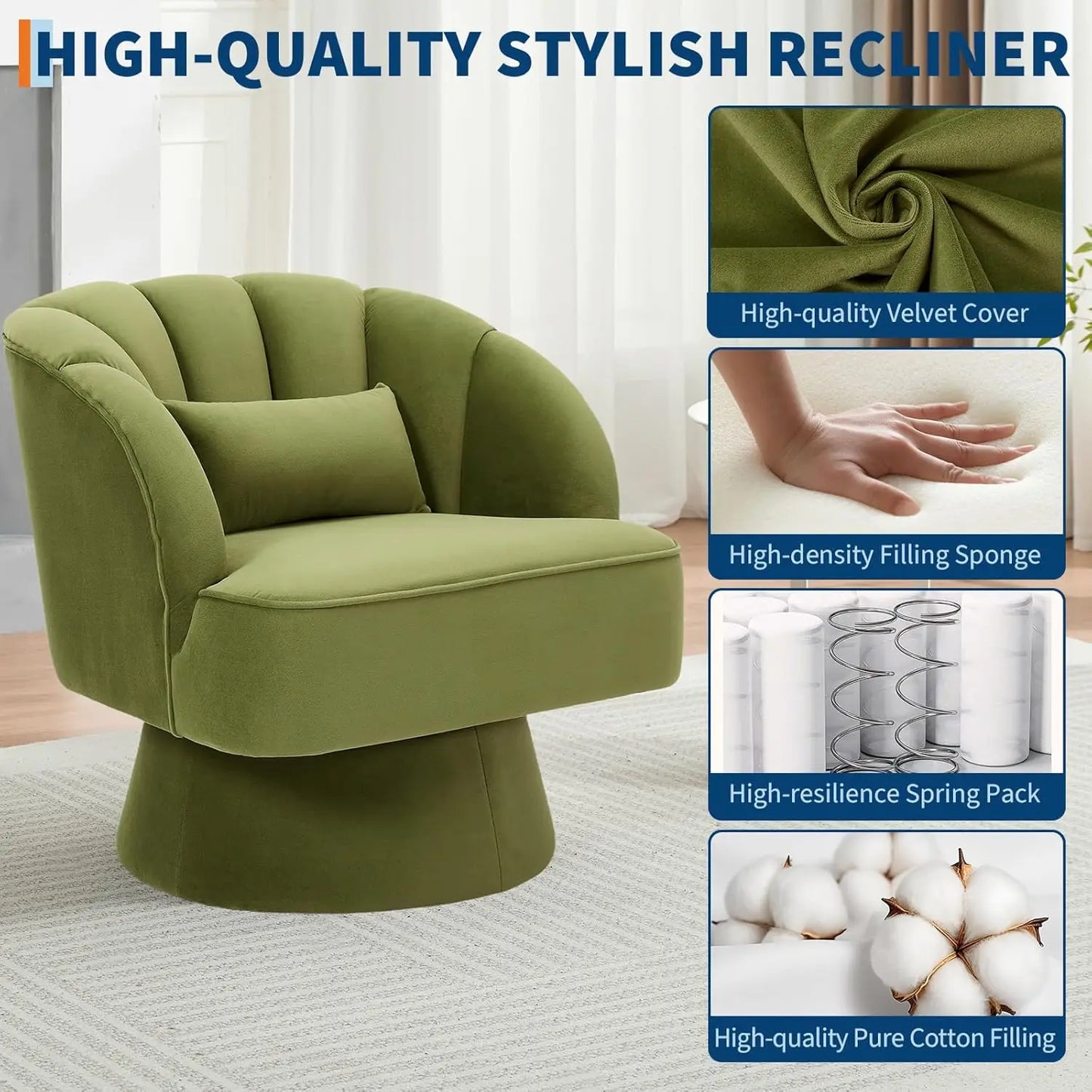 Ultra-Plush Swivel Accent Chair 360° Barrel Lounge Chair with Padding Modern Striped Backrest Velvet Upholstered Round Armchair