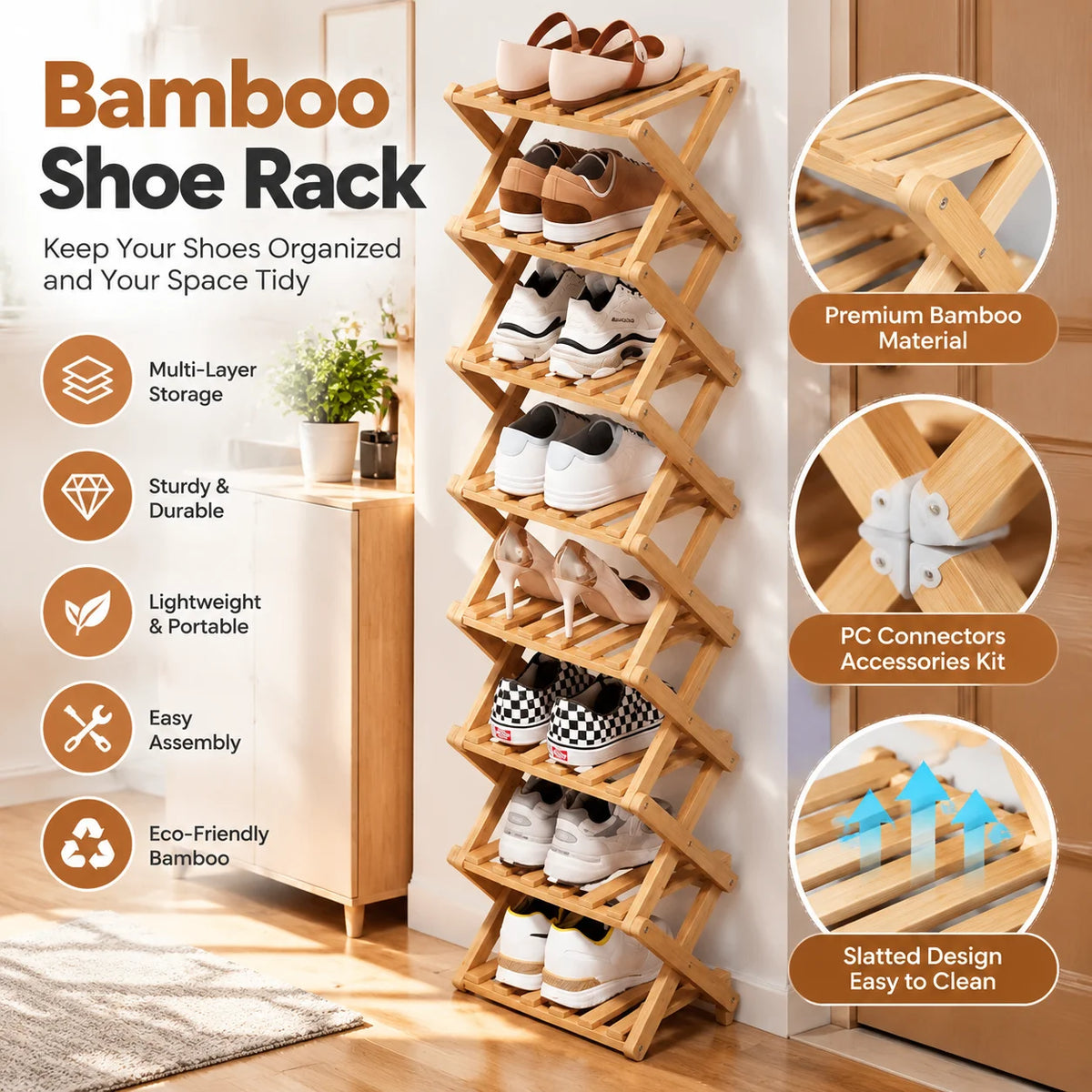 Universal Bamboo Shoes Rack Organizer Storage PC For Home Entryway Closet Bedroom Living Room Space Saving Multi Layer Durable Lightweight Easy Assembly Portable Shoe Shelf Holder Stand With PC Connectors Accessories Kit Prem