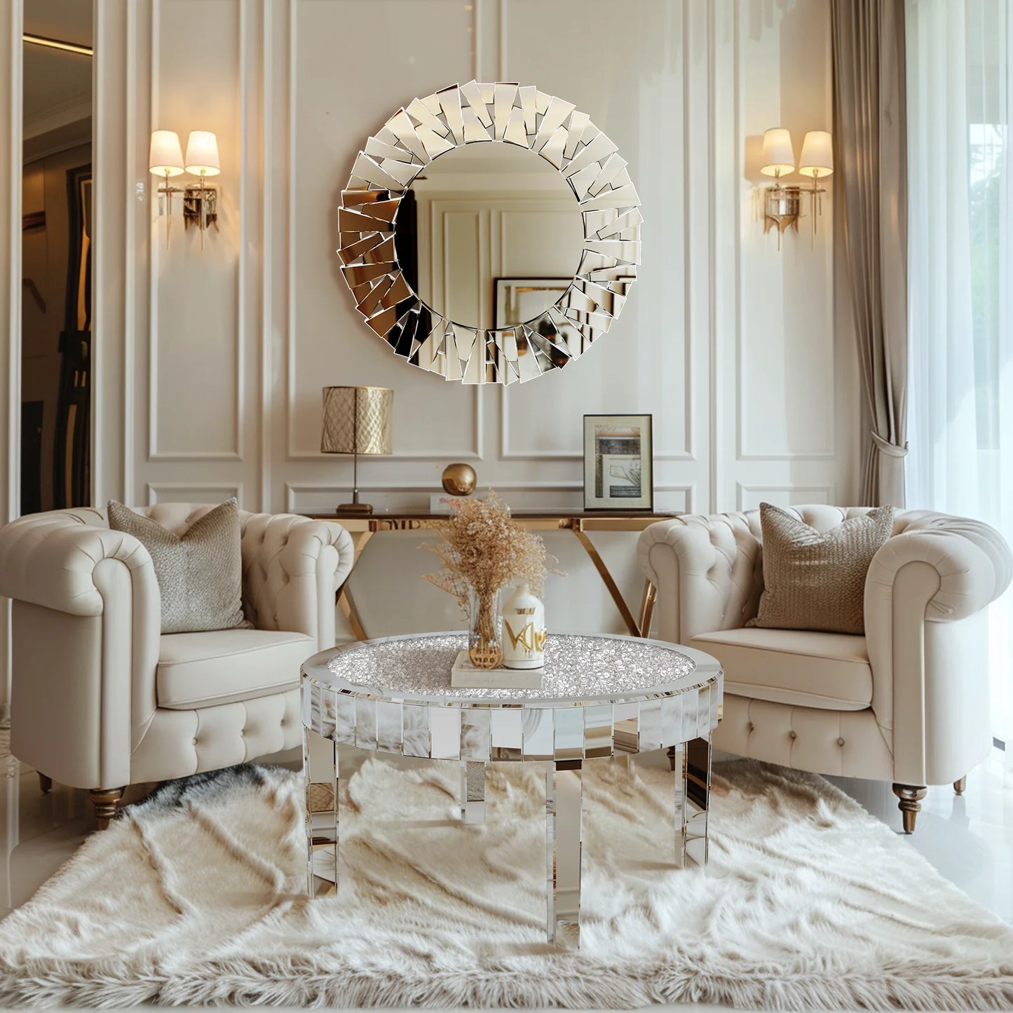 Modern Round Mirrored Coffee Table With Crystal Inlay And Glass