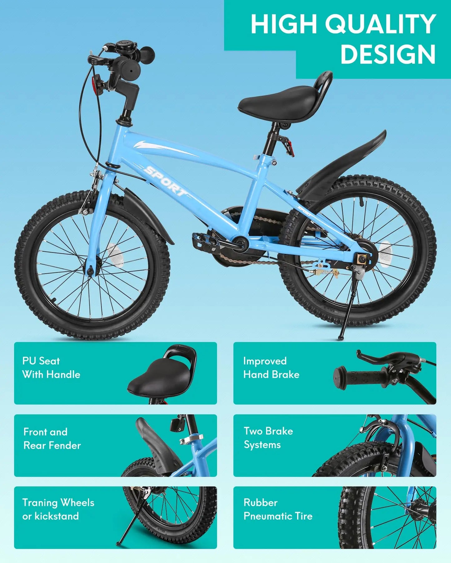 Kids Bike With Training Wheels Kickstand Dual Handbrake Adjustable Handlebar