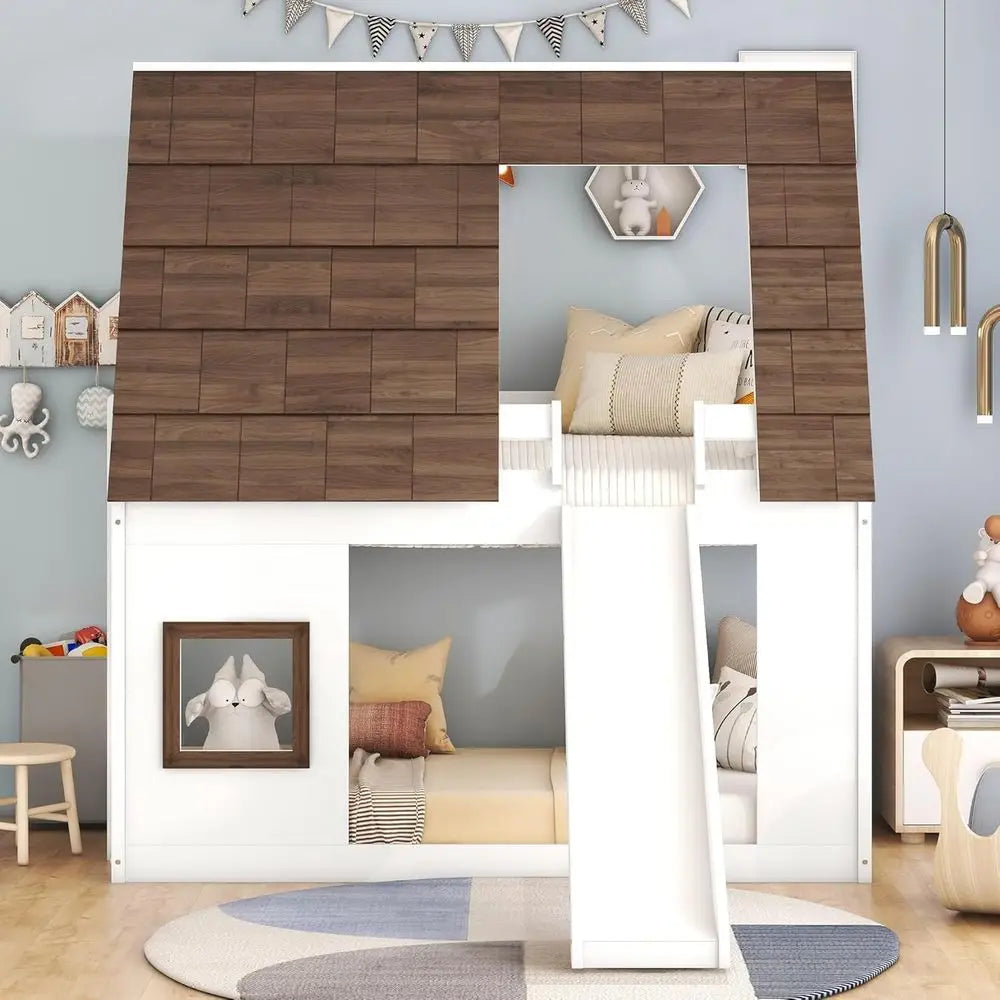 Over Twin Bunk Bed with Room, Window, Ladder, Slide - Suitable for Boys and Girls, White & Brown