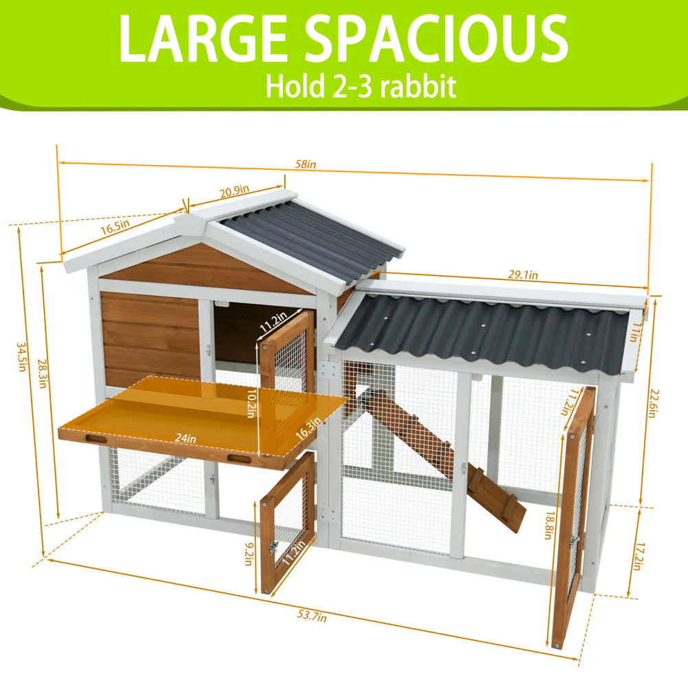 Wooden Outdoor Indoor Roof Waterproof Bunny Hutch Rabbit Cage Guinea Pig Coop PET House for Small To Medium Animals with Stairs