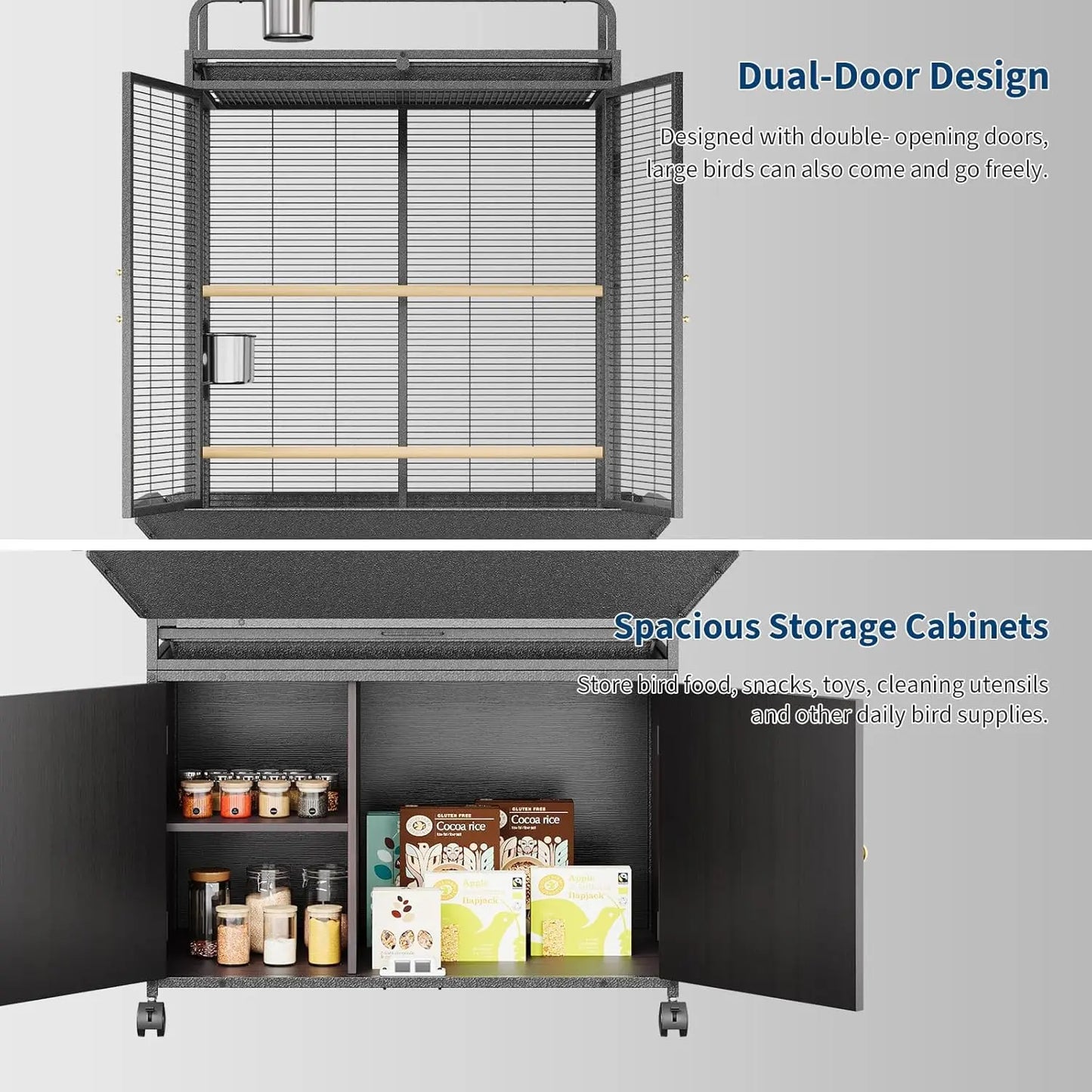 HiMISS Large Rolling Bird Cage With Play Top Cabinet
