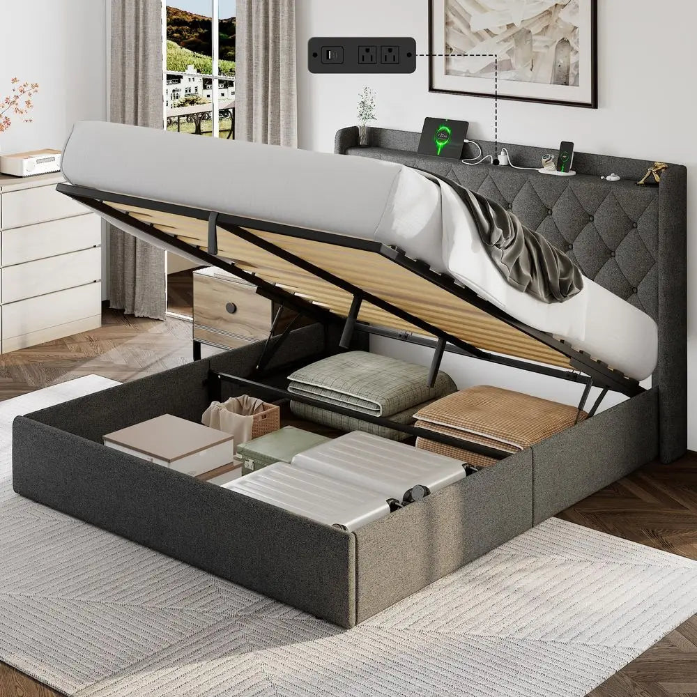 Queen Size Lift Up Storage Bed Frame with Charging Station, Upholstered Bed Frame with Storage, No Box Spring Needed, NoiseFree