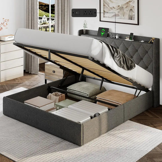 Queen Size Lift Up Storage Bed Frame with Charging Station, Upholstered Bed Frame with Storage, No Box Spring Needed, NoiseFree