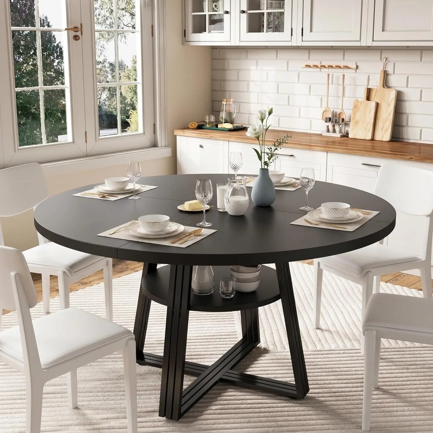 HobbyLane Farmhouse Round Dining Table With Open Storage Shelf