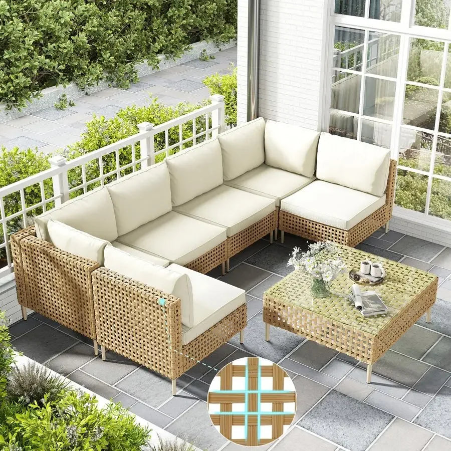 Patio Furniture Set, Large 7 Piece Wicker Outdoor Sectional Furniture Set with Coffee Table, Patio Conversation Sets Sofa, Hand