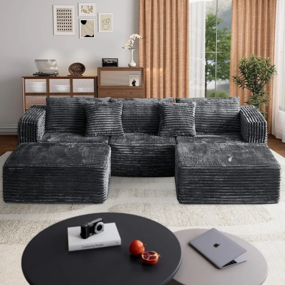 Corduroy Modular Sectional Sofa With Two Ottomans And Deep Seats