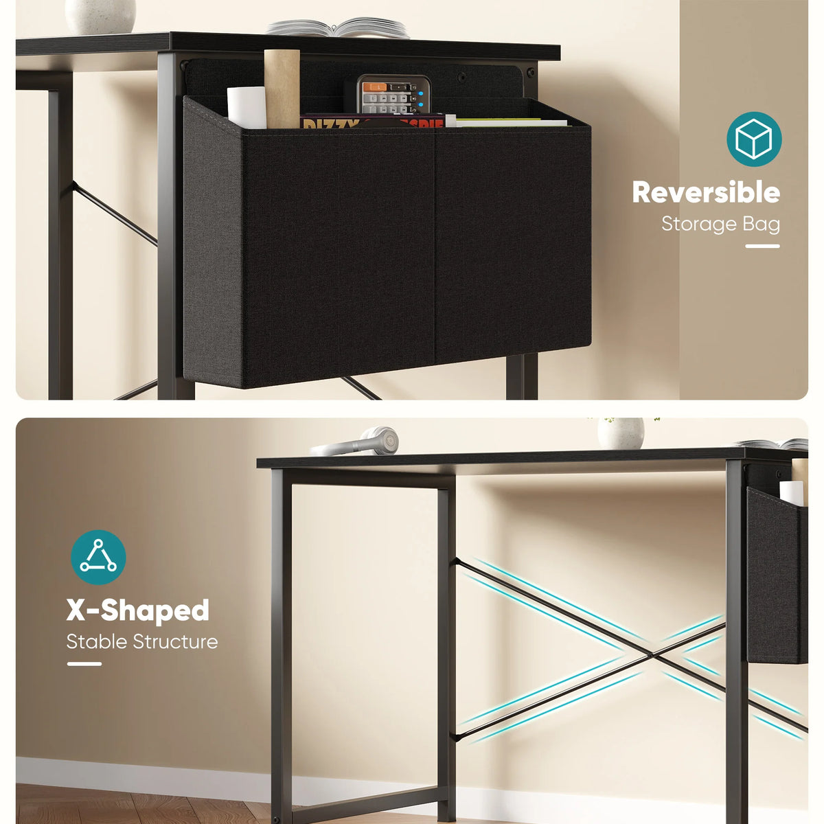 JHK Wooden Computer Desk With Metal Frame And Storage Bag