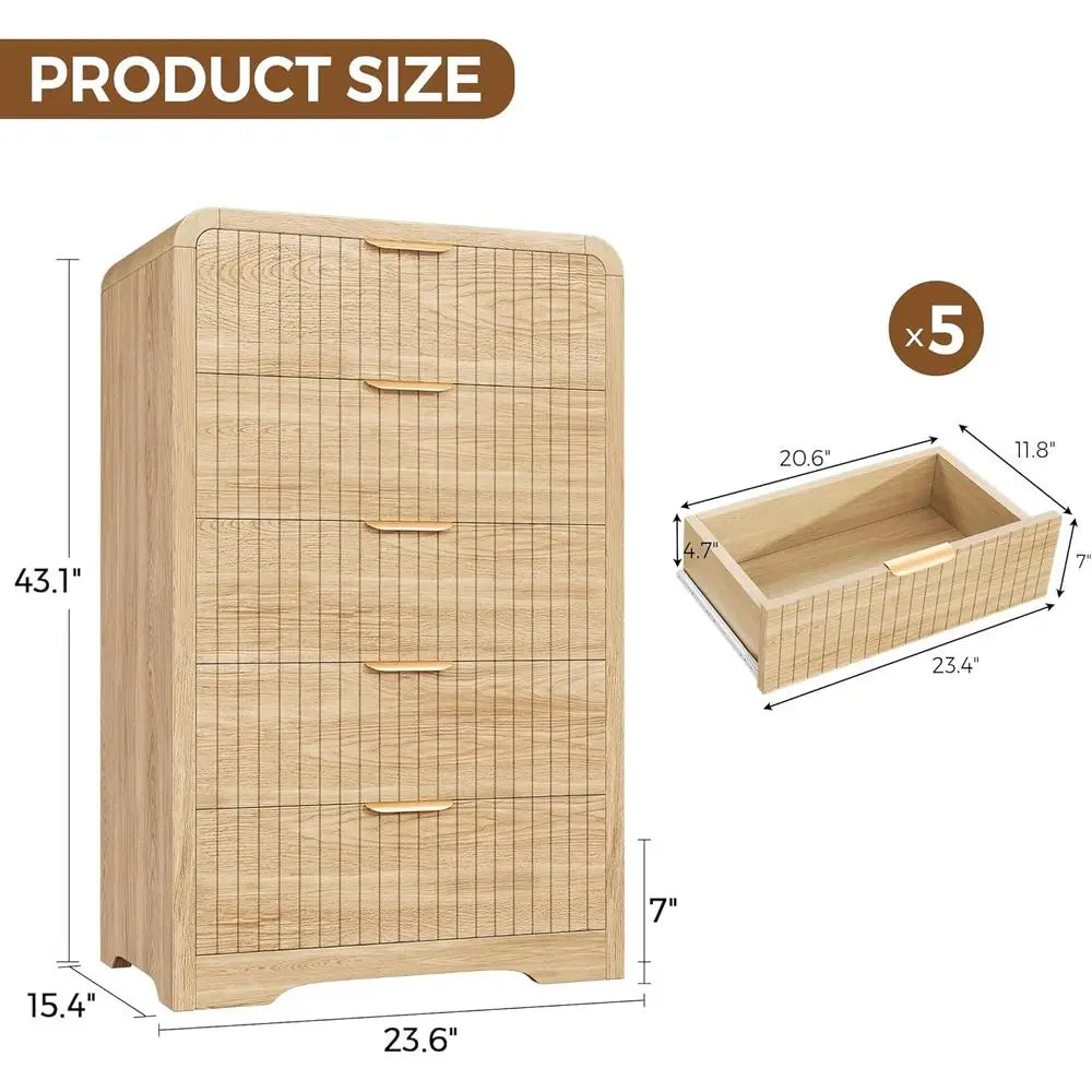 5 Drawer Tall Dresser with Curved Profile Design, Suitable for Bedroom, Natural Oak Finish
