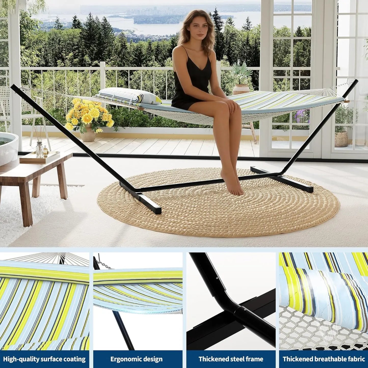 Heavy Duty Double Hammock With Stand Pillow 450lbs Capacity