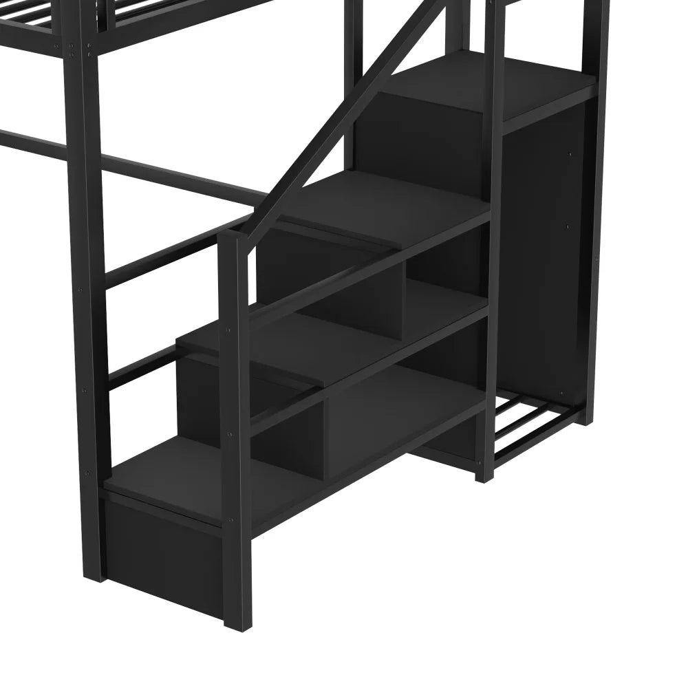 Metal Loft Bed With Stairs, Guardrails And Wardrobe Storage