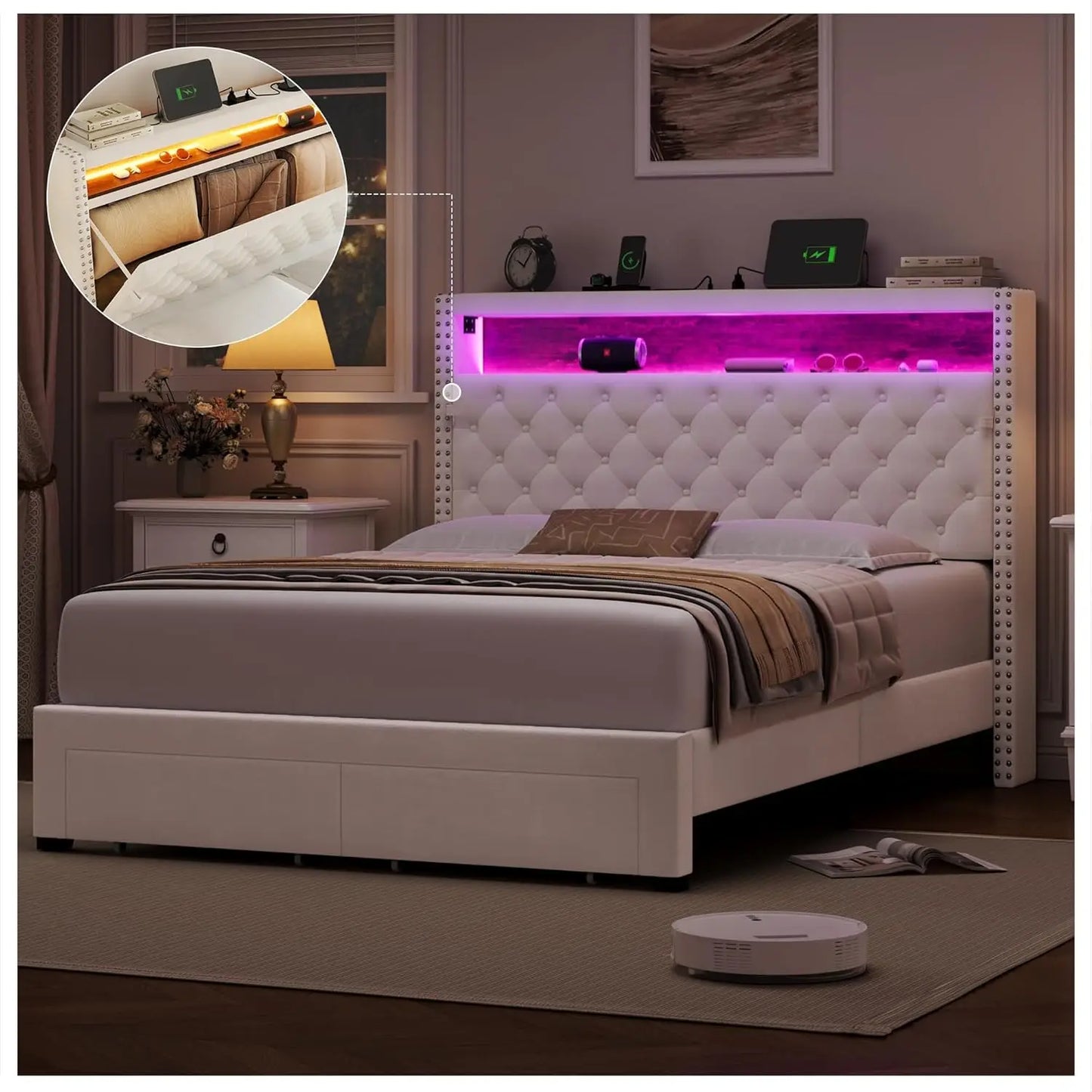 Queen LED Storage Bed Frame USB Charging Velvet Upholstered 2 Drawers Tufted Headboard No Box Spring, Customized