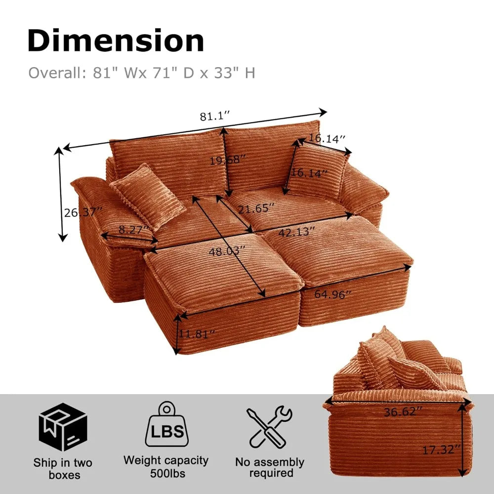 81" Boneless Loveseat with Removable Ottoman,Oversized Upholstered Sofa Bed with Pillows,Plush Faux Fur Lounge, Customized