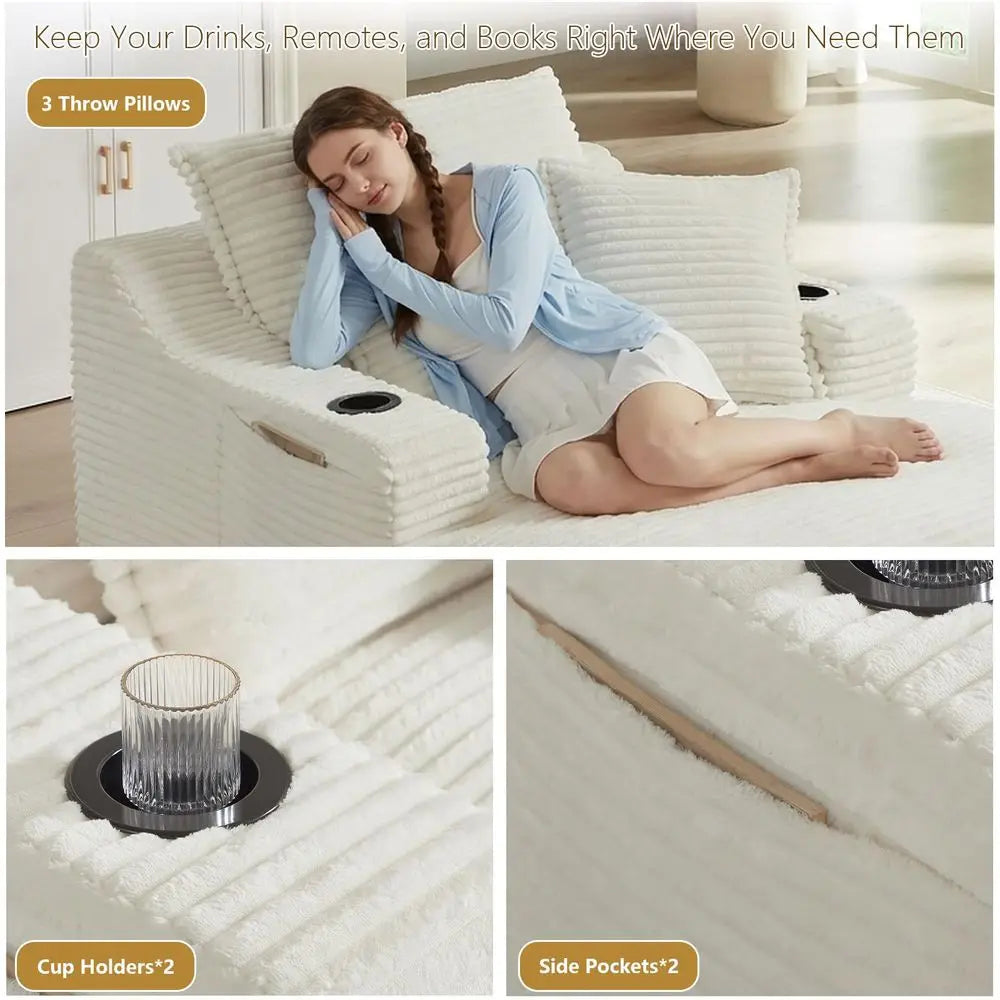 Oversized Chaise Lounge Chair Indoor, Boneless Chaise Lounge Chair with Cup Holders Side Pockets 3 Pillows, Cloud Corduroy Chai