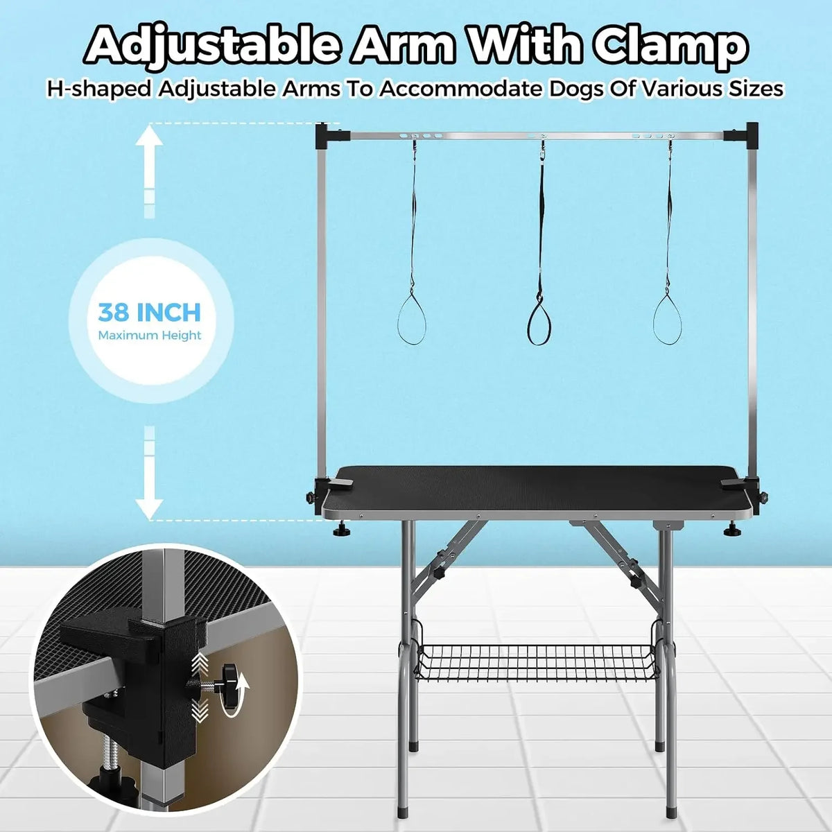 Garvee Foldable Dog Grooming Table With Adjustable Arm And Storage