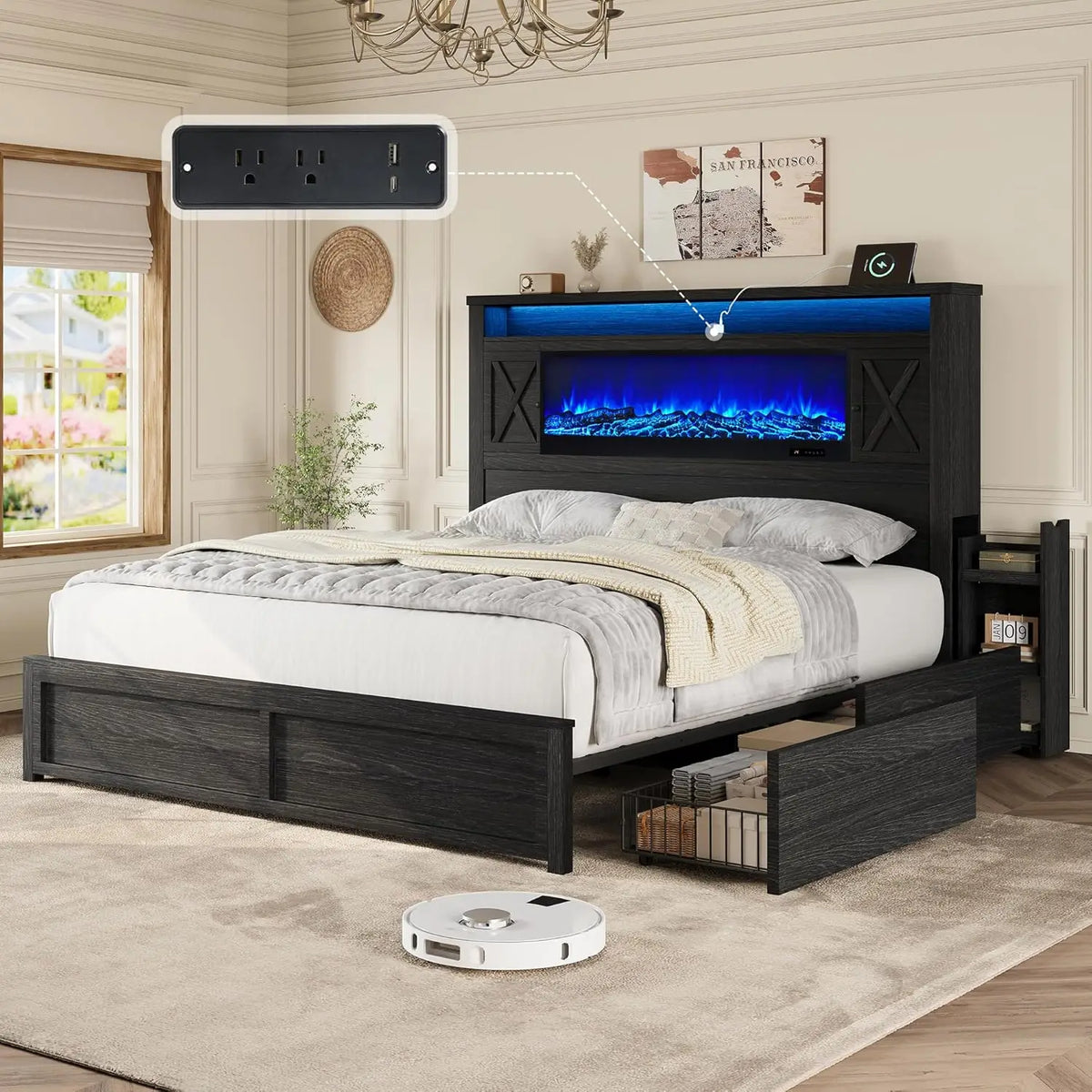Queen Fireplace Storage Platform Bed with Headboard Barn Cabinets 4 Drawers 2 Racks RGB LED Charging Black Customized