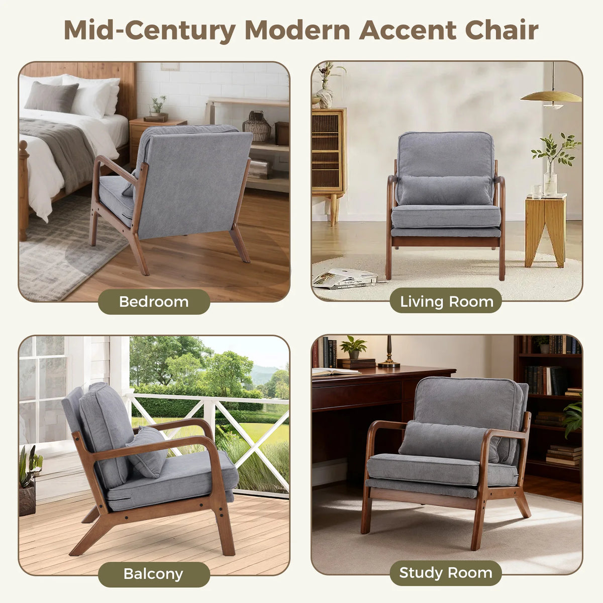 JHK Mid Century Modern Wooden Accent Chair With Lumbar Cushion