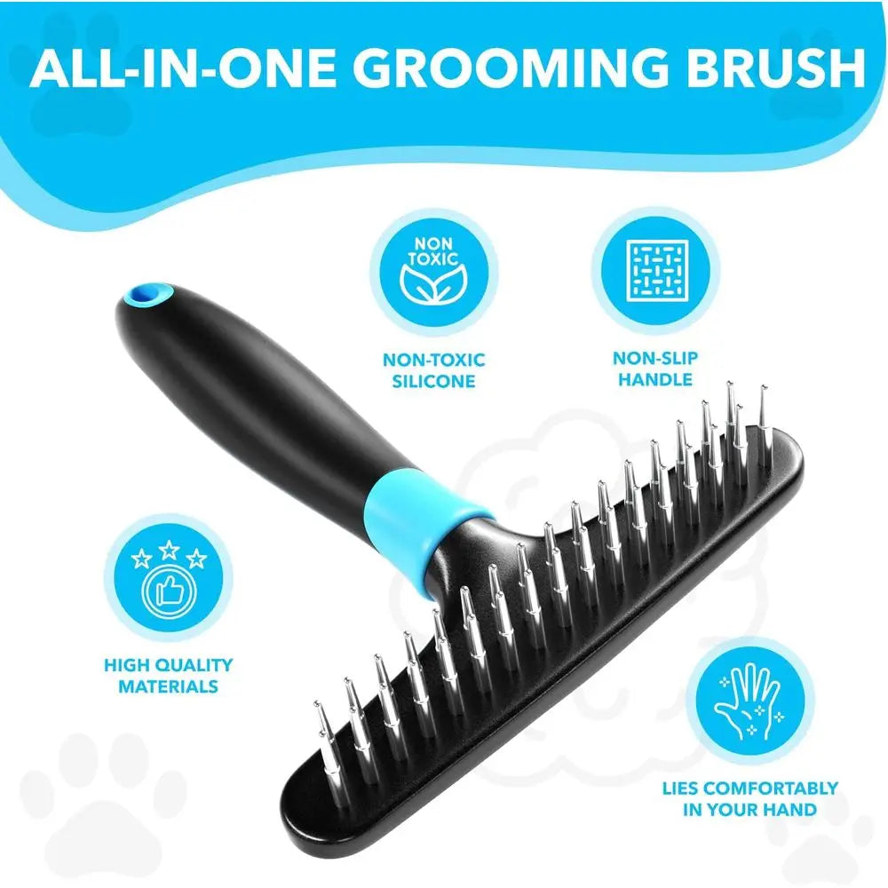 Undercoat Rake for Dogs, Cats - Matted, Short, Long Hair Coats - Double Row Stainless Steel Pins - Reduce Shedding by 90% (Blue)