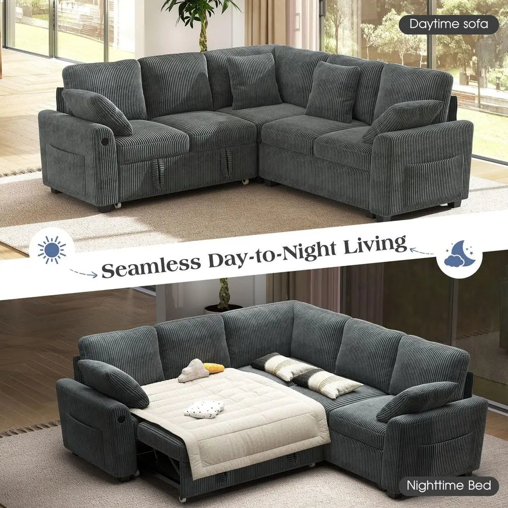 83inch 5Seater Large Sectional Sofa Bed with Storage, Corduroy Reversible Modular Sleeper Sofa with USB Port amp 4 Pillows, Con