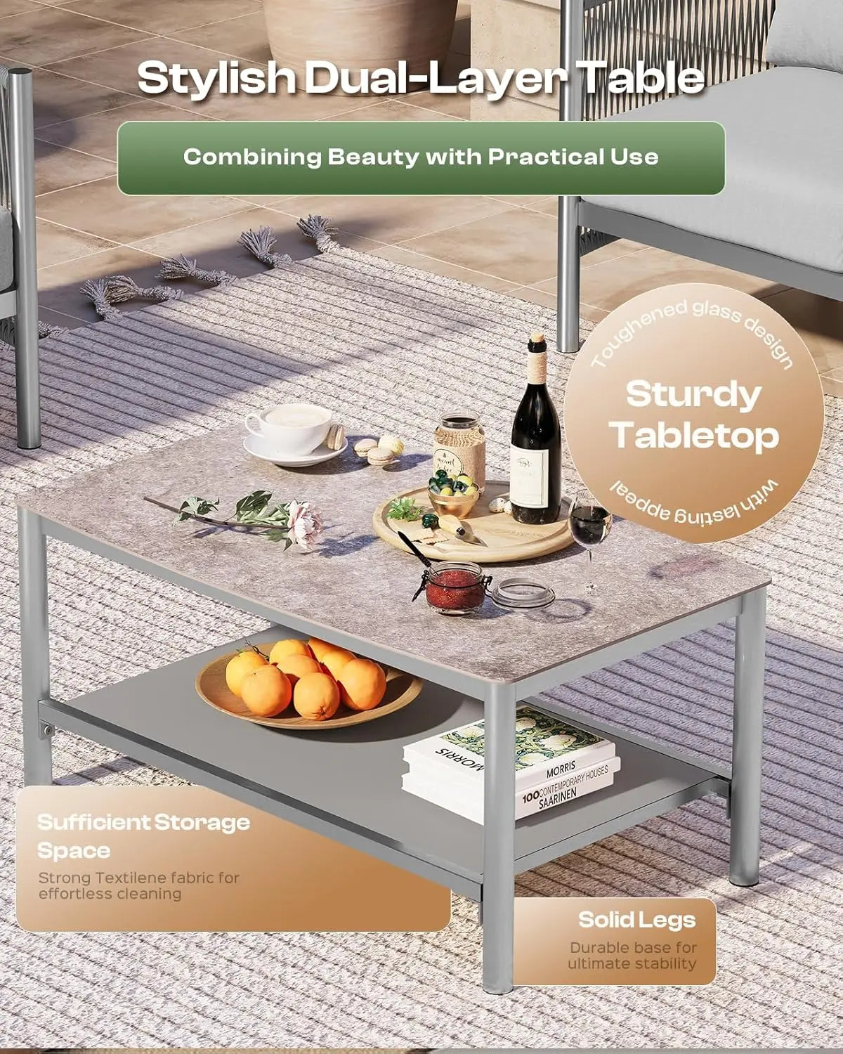 Aluminum Outdoor Patio Furniture Set With Dual Layer Coffee Table